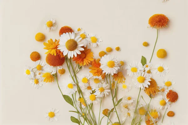 Autumn hot sale creative banner Fall shopping, promotion, discount Chamomile flowers on a white background Flat lay, Flowers composition Spring, summer concept , anime style
