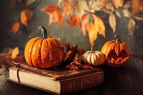 autumn cozy still life orange pumpkin, autumn leaves, old books on rustic wooden background atmosphere fall seasonal composition harvest, thanksgiving holiday, Halloween concept flat lay , anime style