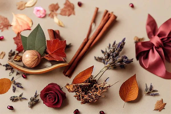 Autumn Flat lay composition Cup of tea, autumn dry leaves, roses flowers, lavender, gift bag cones decorative pomegranate cinnamon sticks on brown background top view Autumn, fall concept , anime styl