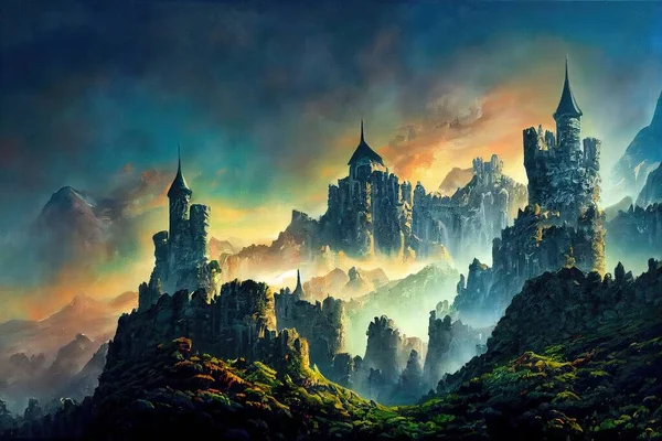 A futuristic castle in the mountains of fantasy. Oil painting landscape. Made with brushstrokes on canvas in a modern style.