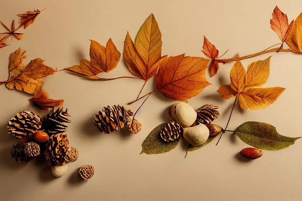 Beautiful autumn composition with blank card, leaves, acorns and pine cones on light background , anime style
