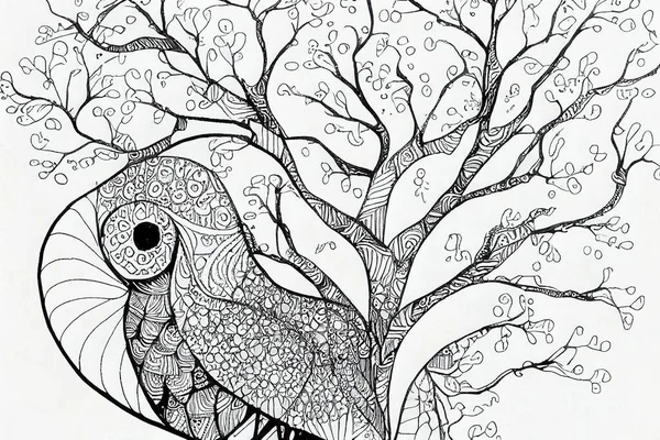 Art therapy coloring page. Coloring book for adults. Coloring pictures with birds on a tree. Anti stress freehand drawing with doodle and zentangle elements.