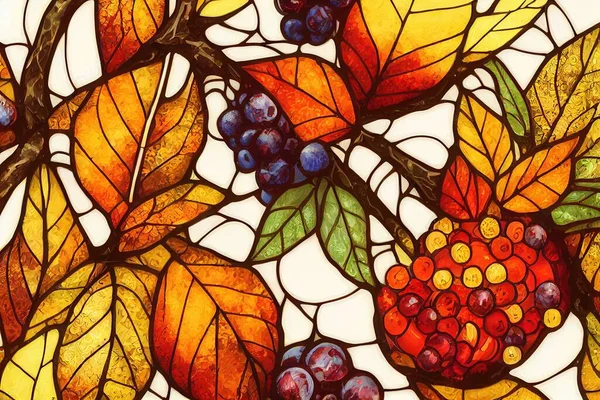A set of stained glass style illustration with autumn compositions, leaves, berries and fruits isolated on a white background , anime style