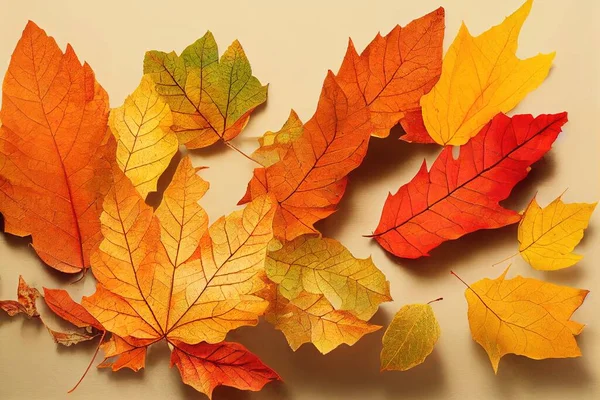 Autumn composition made of leaves Autumn, fall concept Top view, Yellow, orange and red autumn leafs still life on a white background , anime style