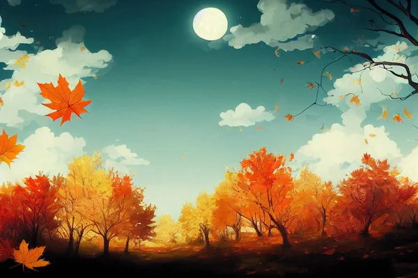 autumn background with tablet pc and leaves , anime style