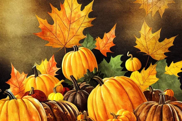 Autumn composition with pumpkins and yellow maple leaves on dark, top view, Seasonal fall, Thanksgiving background , anime style