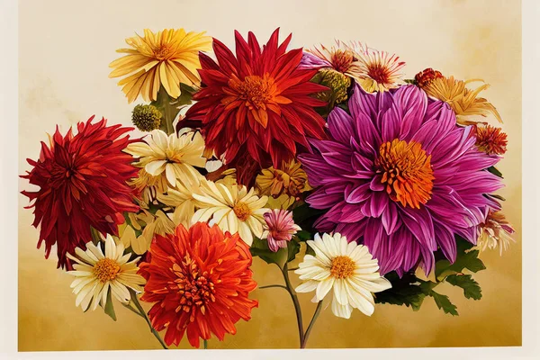 Seasonal summer or autumn background bouquet or composition of flowers of dahlias, New England asters, red, purple and yellow shades or warm tones Greeting card with anniversary, teachers day , anime