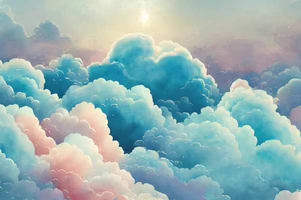 Watercolor background heaven lights movement in turquoise cyan blue sky and white clouds. Heaven aura sun lights in pastel. Fantasy fluffy baby cloudy wallpaper. Funny kids dream nature purity