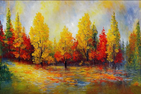 Oil painting landscape colorful autumn trees. Semi abstract image of forest, trees with yellow red leaf and lake. Autumn, Fall season nature background. Hand Painted landscape, Impressionist style