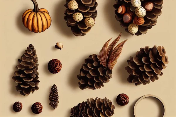 Autumn composition, frame made of pine cones, acorns and chestnuts Flat lay, top view , anime style