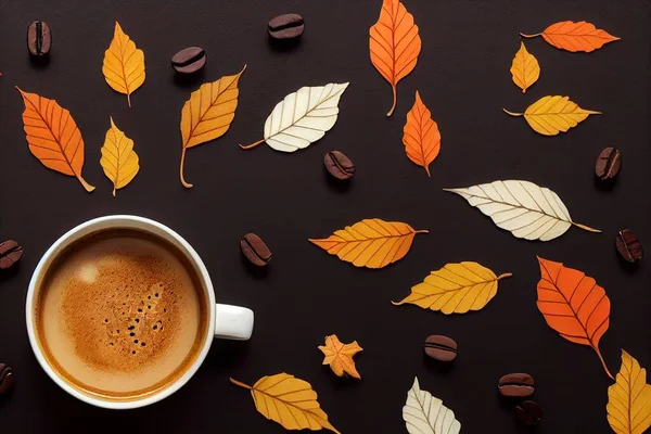 Autumn composition Cup of coffee, plaid, autumn leaves on black background Flat lay, top view, copy space , anime style