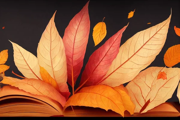 Beautiful autumn composition with books and leaves on black background , anime style
