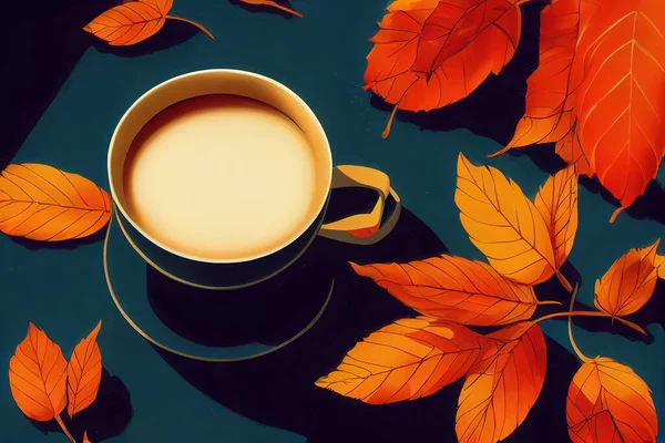 Autumn composition with cup of coffee on blue background , anime style