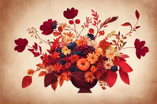 Autumn composition made of beautiful flowers and berries on light backdrop Floristic decoration Natural floral background , anime style