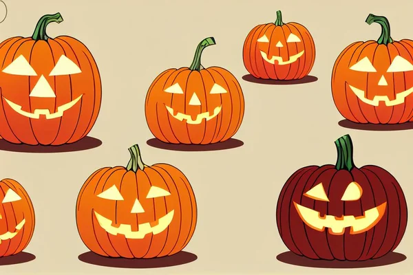 Cartoon pumpkins, halloween squash, fall harvest gourds. Pumpkins, squash and leaves Raster symbols illustrations. Autumn thanksgiving and halloween pumpkins collection