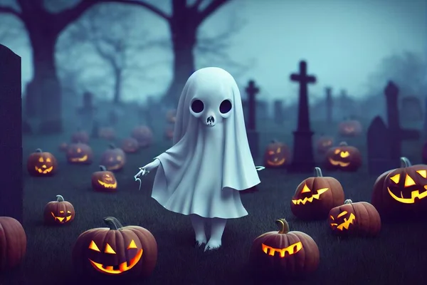 3D render ghost as a cute chibi figure in a graveyard for Halloween. Happy Halloween Wallpaper