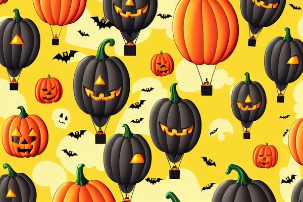 Background for Halloween with Halloween Ghost Balloons and Pumpkin.Scary air balloons,bat,candy and Halloween Elements on yellow background.Website spooky,Background or banner Halloween template
