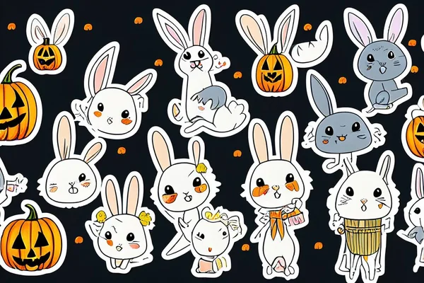 Cute Halloween Sticker Pack. Set of Clipart Halloween Rabbit Illustration. Clip Art Kawaii Halloween Bunny. Set of Five Animals Raster Illustrations, for Halloween Stickers