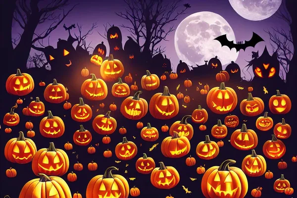 Spooky Halloween background with pumpkins moon and bat Cool and horror designs Poster banner flyer for night event Hallowen party and halloween day, Anime Style