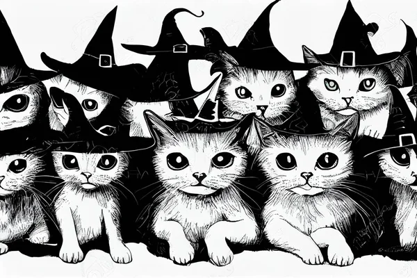 Set of witch hats and funny cats with inscription halloween. Halloween concept. Halloween background with witch hats and cats drawn with black marker on white paper.