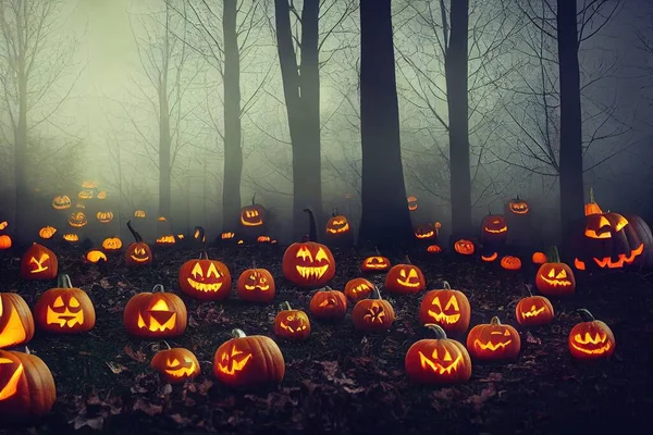 Halloween spooky background, scary pumpkins scene. Scary creepy forest in october dark night autumn gloomy creepy fall landscape with bokeh lights. Happy Halloween outdoor backdrop concept.