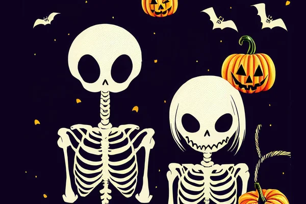 Cute halloween skeleton cartoon. Skeleton in halloween day. Halloween character cartoon. Happy halloween greeting card.