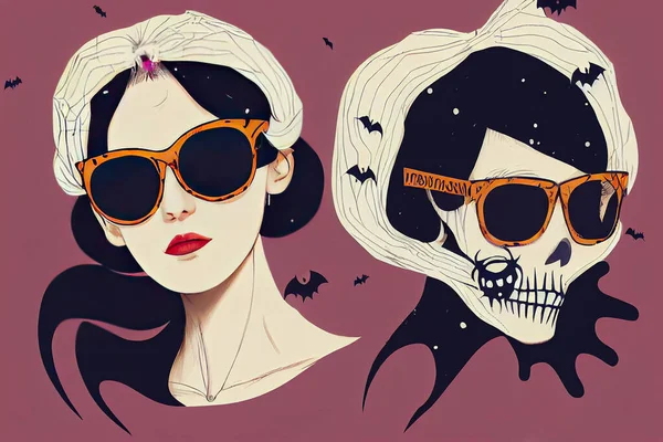 Halloween messy bun Holiday mom life design with quote Spooky mama A womans head in a bandana with skulls aviator glasses with cobwebs a spider and bats funny mom witch, Anime Style