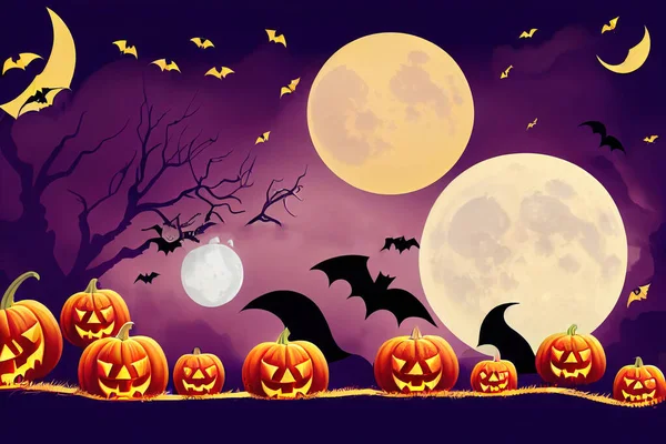 halloween background with bats and moon. witch with bromstick. halloween background for banner, greeting card halloween celebration, halloween party poster. Raster Illustration.