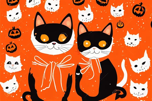 Happy Halloween Greeting Card illustration Cute cat and dogs in halloween pet costume on orange background, Anime Style