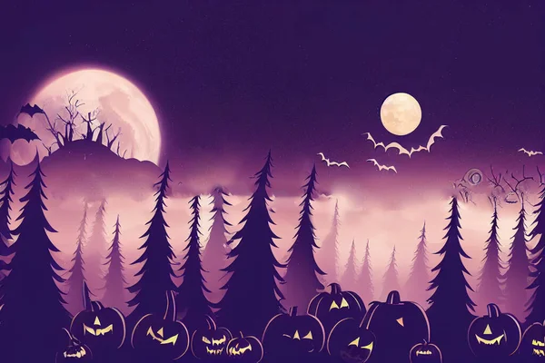 Realistic halloween background with creepy landscape of night sky fantasy forest in moonlight Raster illustration