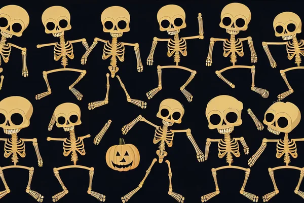 Halloween skeletons. Dancing skeletons, spooky halloween party skeleton mascots isolated Raster illustration set. Funny skeletons characters. Illustration halloween skeleton, party dance bones