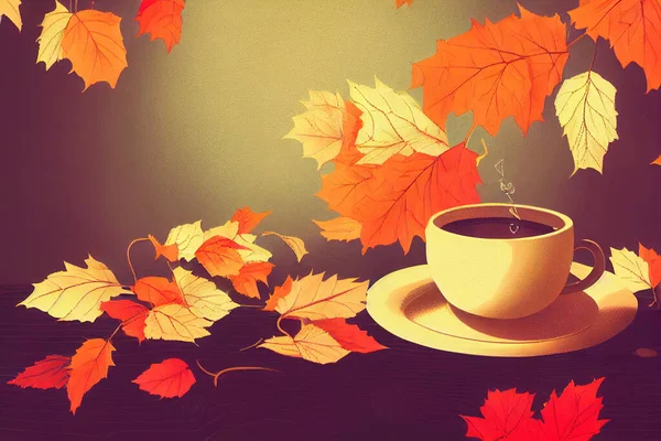 Beautiful autumn composition with sweater, cup of tea and leaves on wooden background , anime style