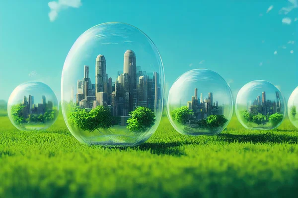 Sustainable urban development concept with grass growing in shape of a city inside transparent piggy bank , style U1 1