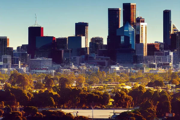 Perth Western Australia February 3 2017 Panoramic view of Perth skyline capital of Western Australia, headquarter for many mining and banking companies with green lawn and park.