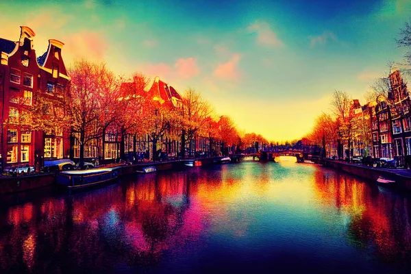 Spring scene in Amsterdam city Tours by boat on the famous Dutch canals Colorful evening landscape in Netherlands Europe , style U1 1