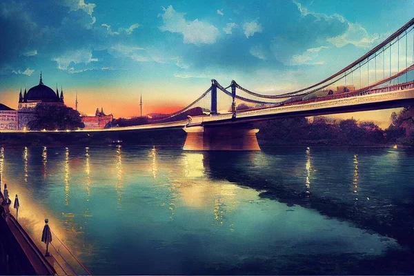 Cartoon drawing The Szechenyi Chain Bridge is a beautiful decorative suspension bridge that spans the River Danube of Budapest the capital of Hungary , style U1 1