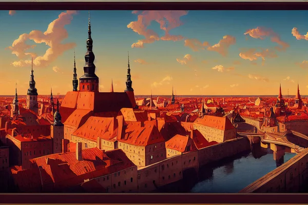 cartoon drawing Panorama of old Riga that is the capital city of Latvia, offering for tourists many resting opportunities with unique medieval buildings and churches as well as unforgettable Gothic.