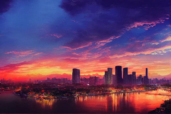 cartoon drawing BangkokThai Beautiful view of the chao phraya river with Modern high rise buildings in the evening time, Good time for waiting the sunset last light of the day Nice city view Sele.