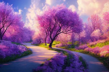 Fantasy background . Magic forest with road.Beautiful spring landscape.Lilac trees in blossom clipart