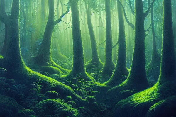 mystic blue and green forest with a fantasy atmosphere,illustration painting