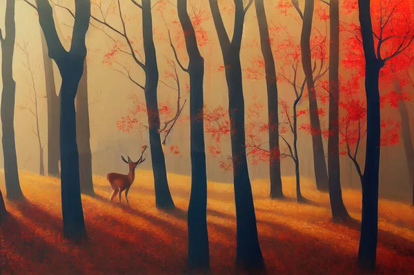 Landscape painting of deer and red autumn forest. Stock of image. High quality 2d illustration