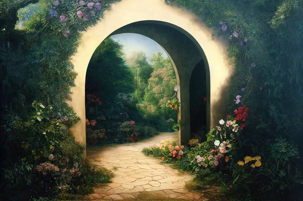 Archway in an enchanted garden. High quality 2d illustration