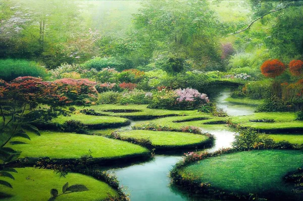 enchanted eden garden path bridge trail over pond in horizontal panoramic garden