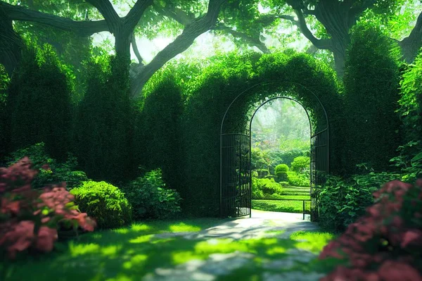 An open iron gate leads to an enchanting secret garden surrounded by ivy covered trees, 3d render.