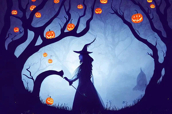 deep fairy forest silhouette and witch with magic wand, halloween fairy background