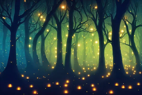 Dark fairytale fantasy forest. Night forest landscape with magical glows. Abstract forest, magic, fantasy, night, lights, neon. 3D illustration.