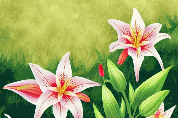 Enchanted Garden . summer image for cards and postcards . Lilies of different colors . 2d graphics.