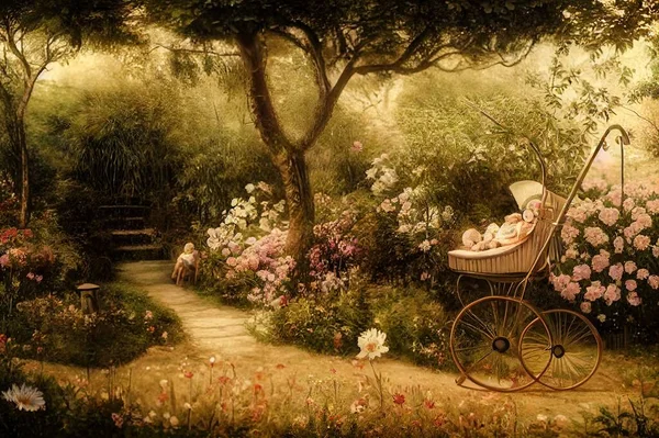 Enchanted garden with a babys pram. High quality illustration