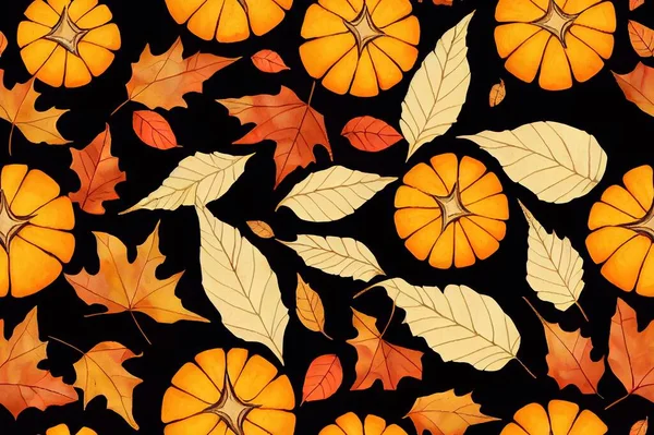 Fall seamless pattern with pumpkins on cream background, Autumn pattern with maple, leaves, foliage, watercolor wrapping paper, pattern fills, Thanksgiving, web page background.