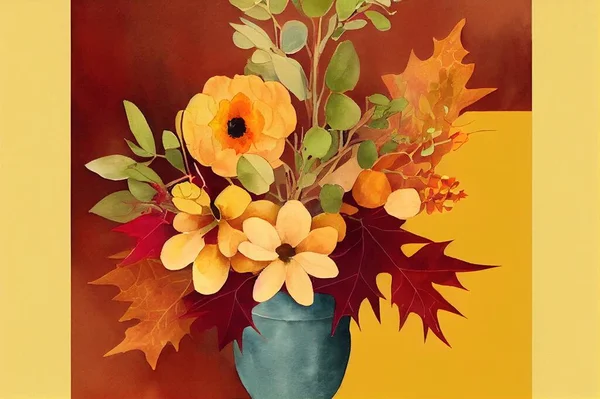 Fall floral arrangement with yellow, burgundy, orange flowers and leaves. Autumn watercolor illustration. Botanical painting.